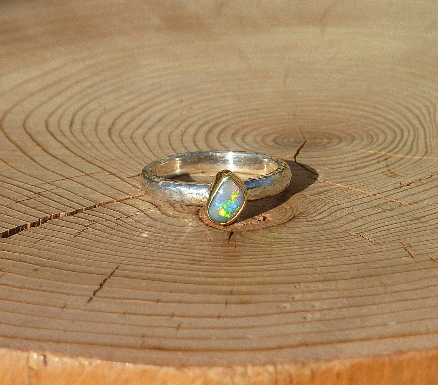 Coober Pedy opal ring with 18k gold bezel