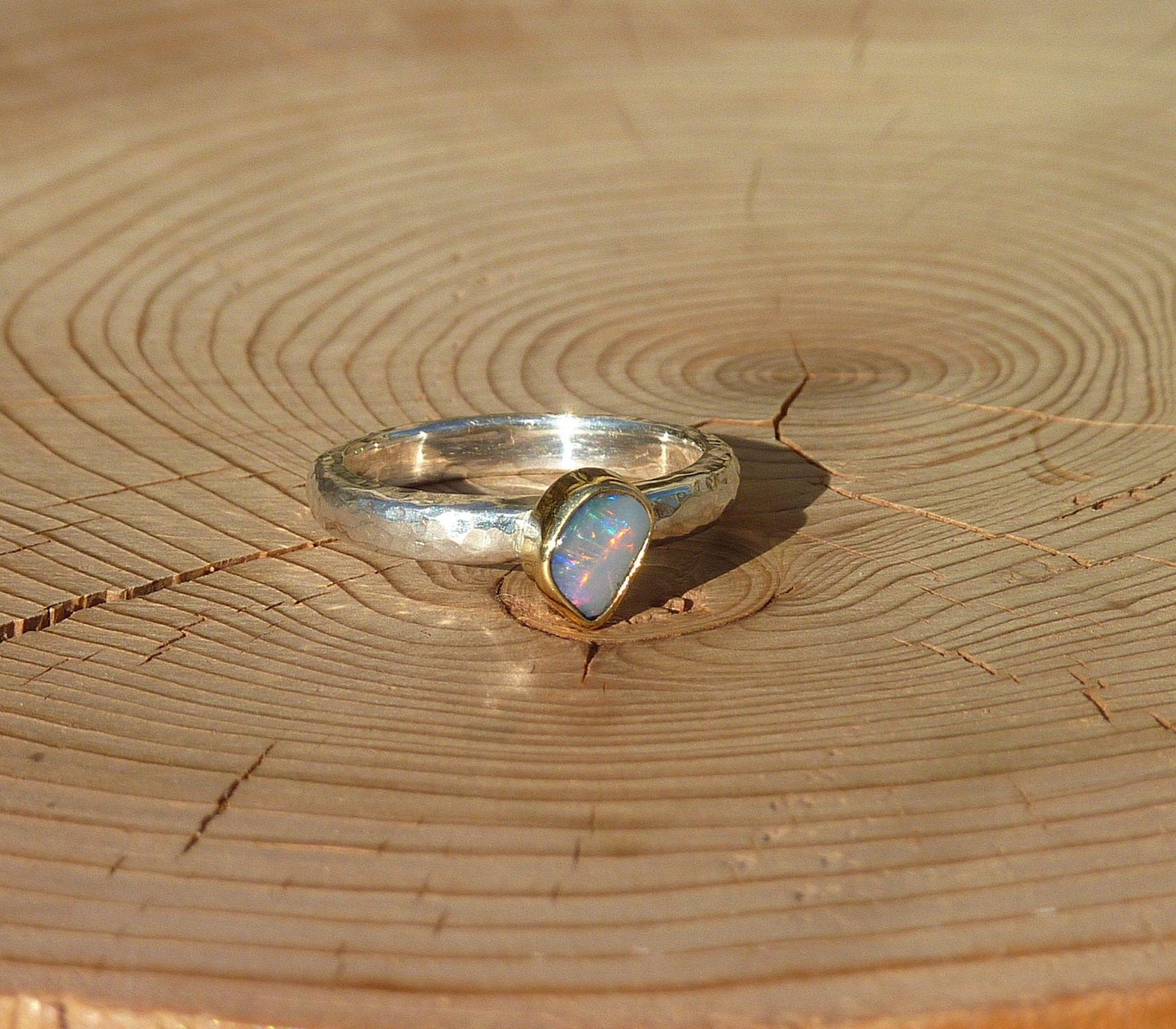 Coober Pedy opal ring with 18k gold bezel