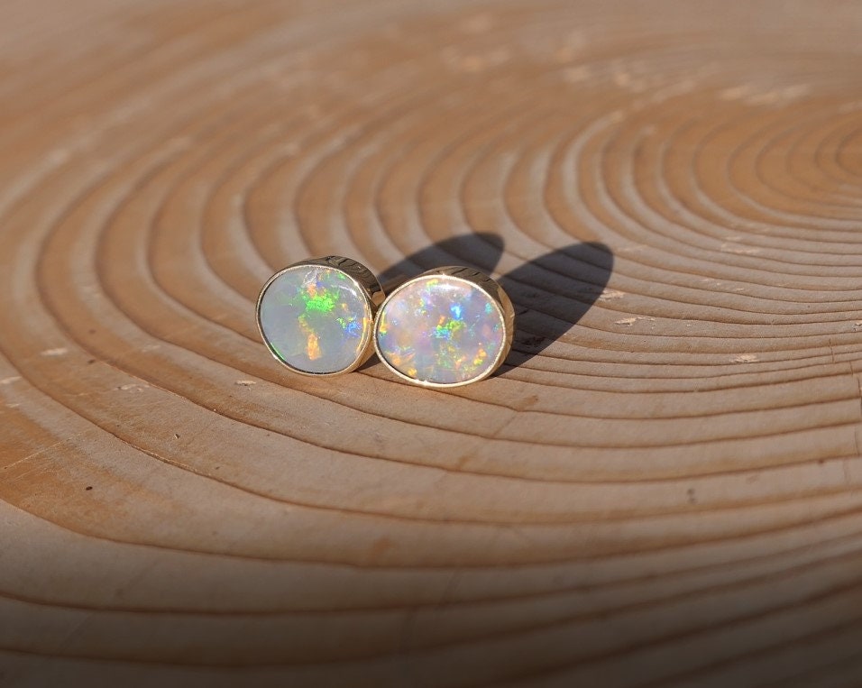 Matching 18k gold opal ear studs