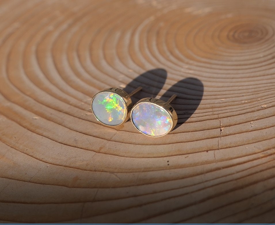 Matching 18k gold opal ear studs