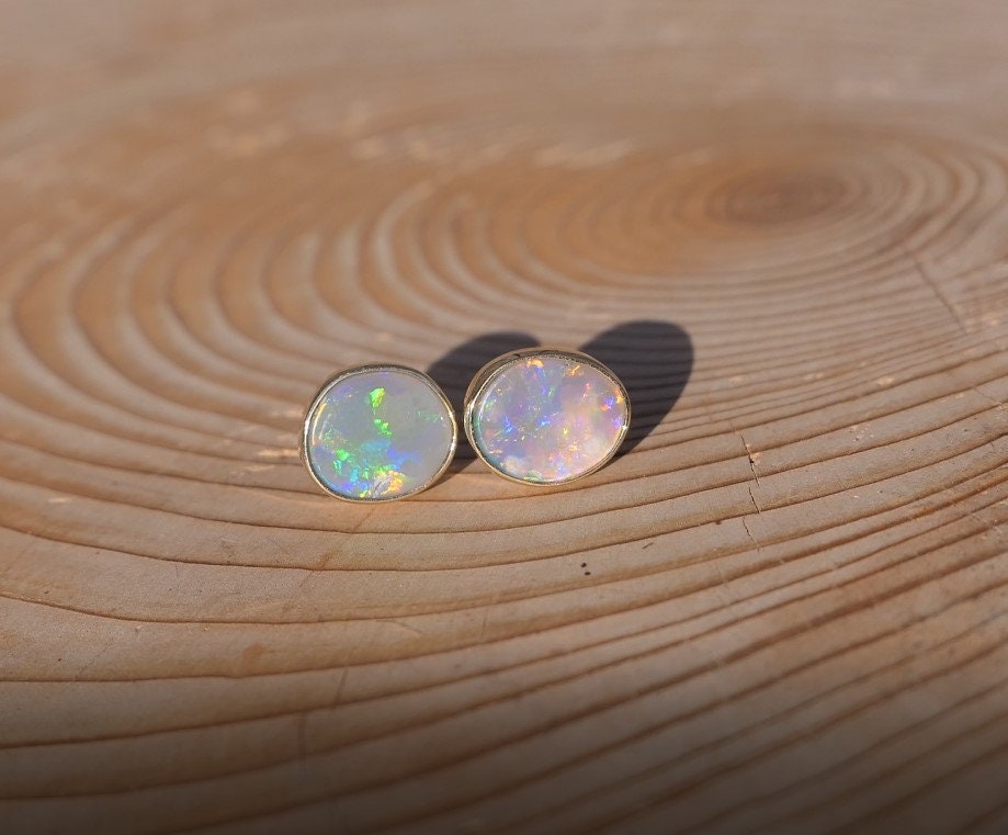 Matching 18k gold opal ear studs