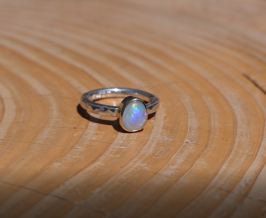 Coober Pedy opal ring with 18k gold bezel